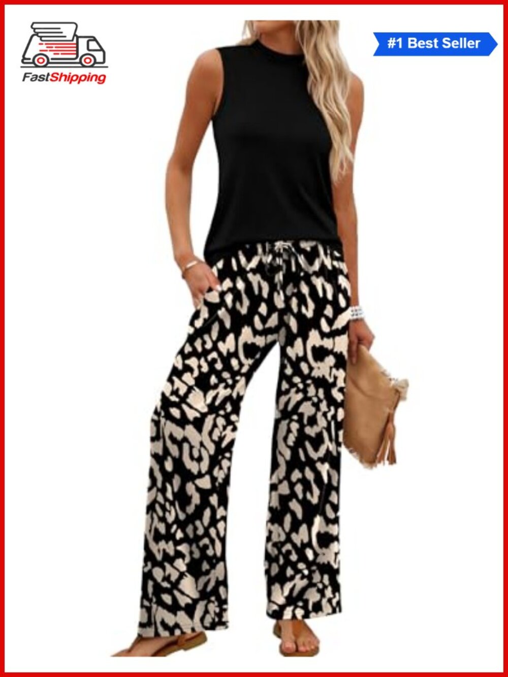 ✨ WIHOLL Two Piece Set Women Mock Neck Sleeveless Top Wide Leg Pants Travel